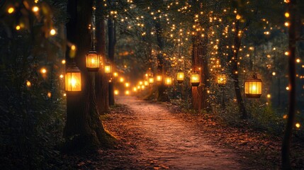 Enchanted Forest Pathway Illuminated by Vintage Lanterns and Twinkling Fairy Lights Creating a Magical Atmosphere in the Heart of Nature