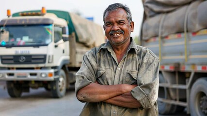 Confident truck driver smiling proudly in front of impressive industrial vehicles