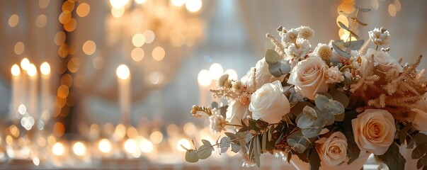 Elegant wedding reception setup with soft candlelight and a beautiful floral arrangement, creating a romantic and luxurious atmosphere.