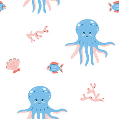 Seamless pattern sea life. Marine animals fish and octopus on white background. Vector illustration.