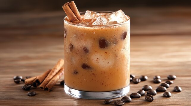 Refreshing Mexican Cafe de Olla Iced Coffee Infused with Cinnamon, Served Over Ice with Cinnamon Sticks and Coffee Beans for a Flavorful Experience
