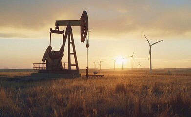 Oil pump in a field at sunset with wind turbines in the background, silhouettes, energy industry background