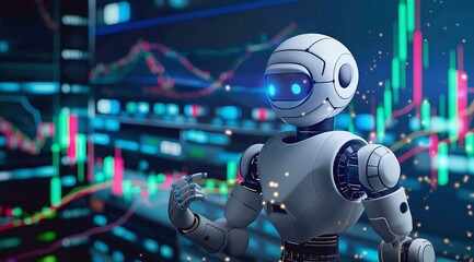 3D rendering of a humanoid robot working with a laptop in a modern office analyzing a stock market chart with trading charts. The concept of artificial intelligence in financial markets, copy space.