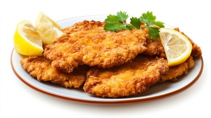 A plate of crispy chicken schnitzel served with lemon wedges, Each schnitzel breaded and fried to golden perfection