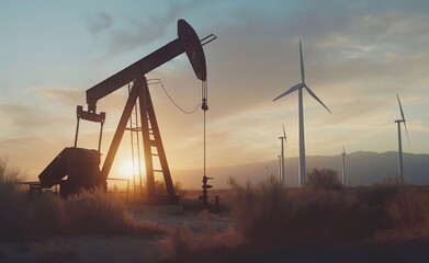 Oil pump in a field at sunset with wind turbines in the background, silhouettes, energy industry background