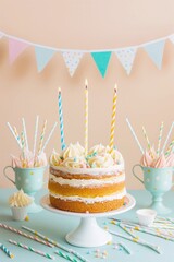 Birthday cake for a children's party with candles and a garland in pastel colors, copy space, 3D rendering.