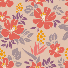 Seamless Floral Pattern with Red Flowers and Purple Leaves