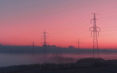 High-voltage power lines, a high-voltage tower at sunset