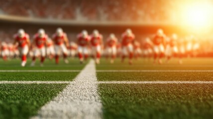 Naklejka premium A dynamic view of football players sprinting on a field, captured from a low angle, highlighting the excitement of the game.