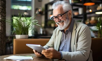 Senior Man Enjoying Digital Content: A mature man with a warm smile, uses his tablet for entertainment or work, showcasing the benefits of technology for seniors.