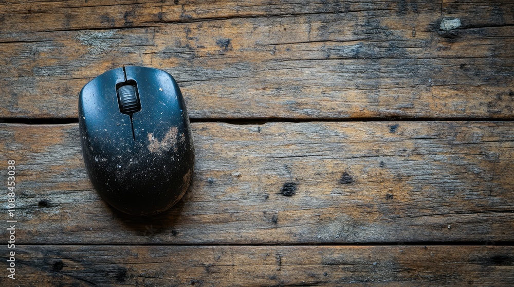 Poster dusty computer mouse on rustic wooden surface with natural texture and grain for technology and work