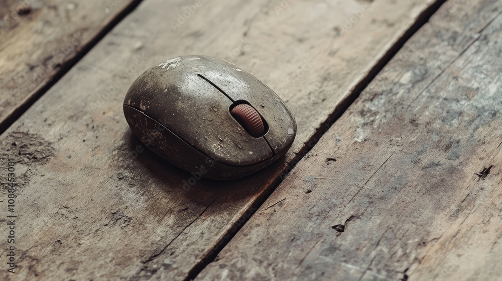 Poster old and worn computer mouse on rustic wooden surface with natural lighting, capturing the essence of