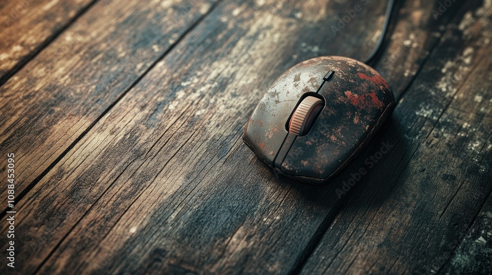 Poster vintage mouse on a weathered wooden surface, capturing the essence of nostalgia and retro technology