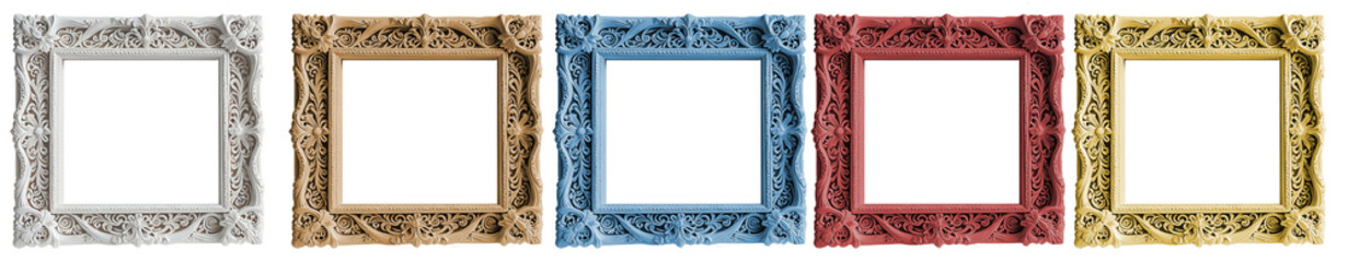 Antique Ornate picture frames in bright colors with intricate details vintage style transparent background, png file