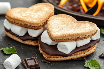 Heart Shaped S mores with Melted Chocolate and Marshmallows