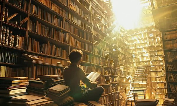 Lost in Literary Worlds: A young reader is absorbed in a book amidst towering bookshelves in a grand library, bathed in warm sunlight.