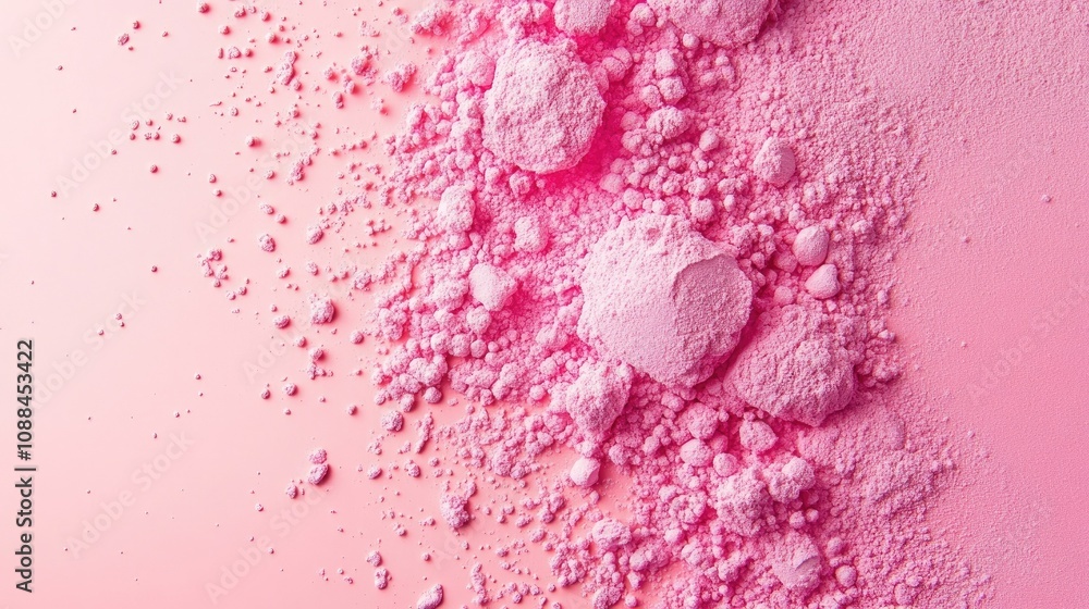 Poster vibrant pink powder spilling across a soft pink background, creating a playful and colorful artistic