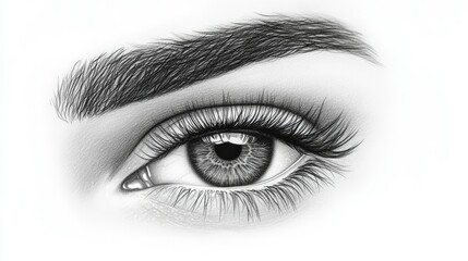 Fototapeta premium Realistic Black and White Illustration of a Human Eye Capturing Details of the Iris, Eyelashes, and Eyebrow in a Soft Artistic Style
