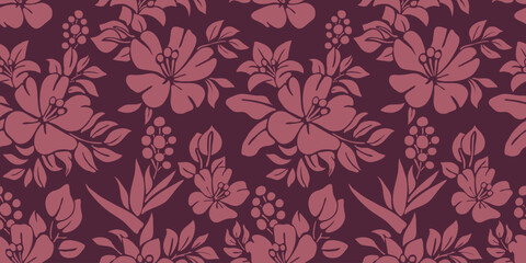 Fototapeta premium Seamless Floral Pattern with Pink Hibiscus on Maroon Background