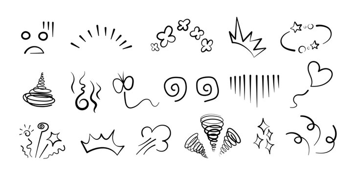 Manga or anime comic emoticon element graphic effects hand drawn doodle vector illustration set isolated on white background. Line style manga doodle line expression scribble anime mark collection.