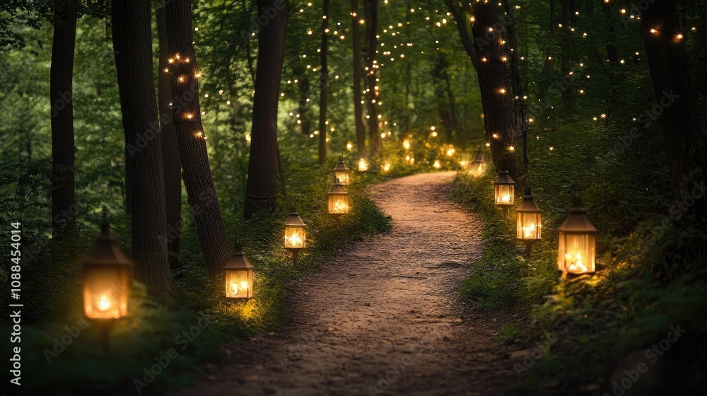 Poster serene forest path illuminated by lanterns and twinkling lights creating a magical atmosphere in nat