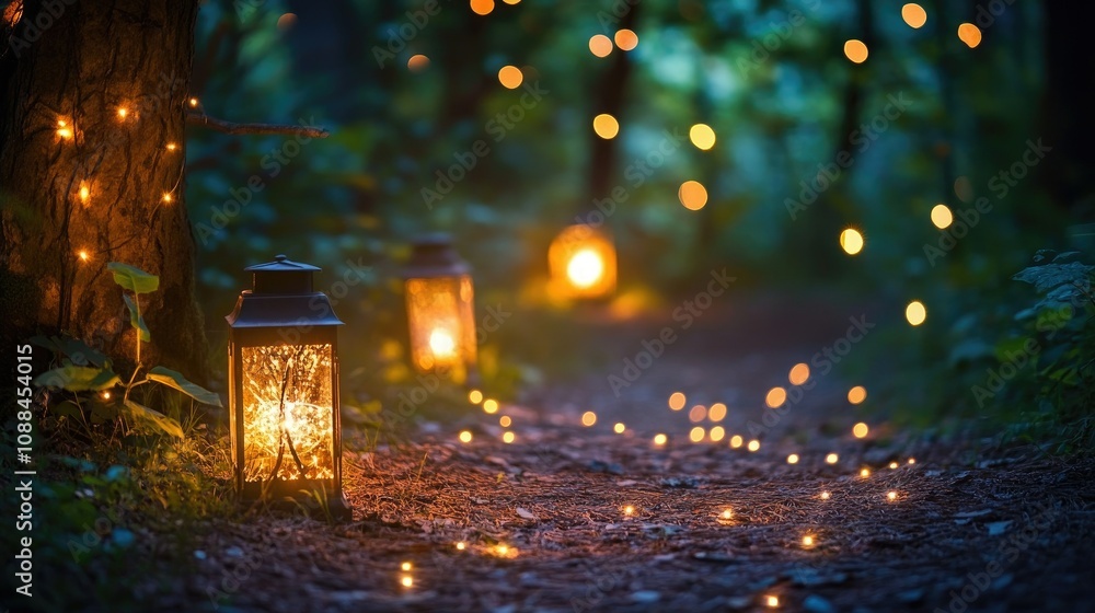 Poster enchanted pathway in forest illuminated with lanterns and fairy lights creating a magical atmosphere