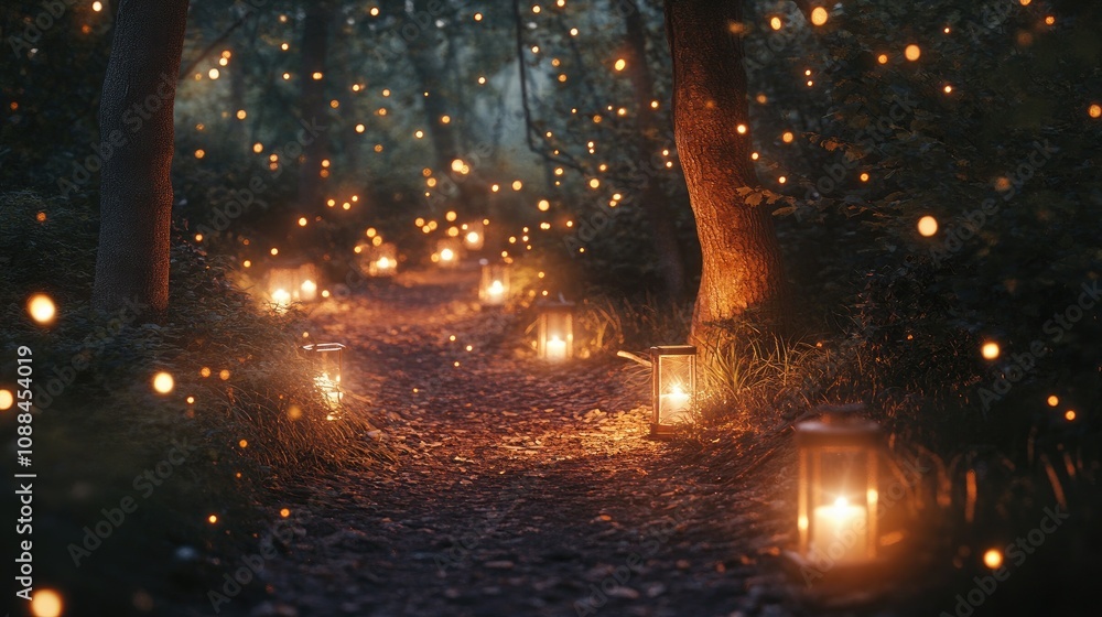 Aufkleber enchanting forest pathway illuminated by lanterns and glowing lights, creating a magical atmosphere 