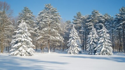Winter Wonderland Landscape with Snow-Covered Trees and Clear Blue Sky in Tranquil Rural Environment, Perfect for Seasonal and Nature-Themed Projects