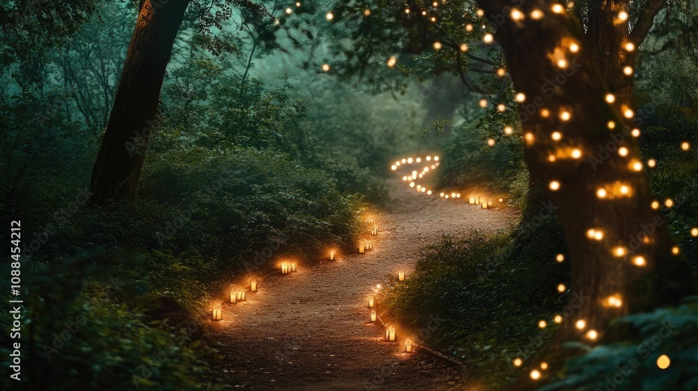 Aufkleber enchanted forest pathway illuminated by glowing lanterns and fairy lights, creating a magical atmosp