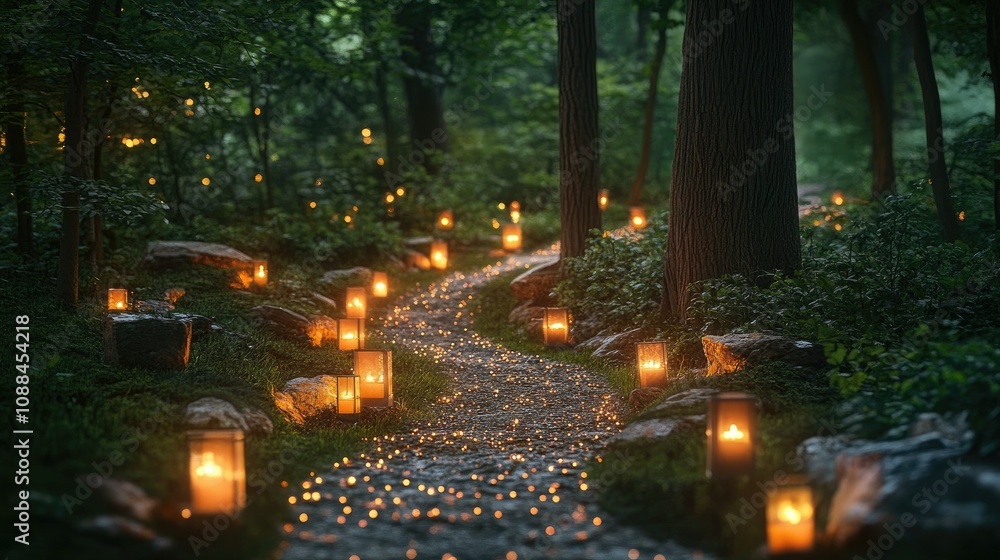 Poster tranquil forest path adorned with glowing lanterns creating a magical atmosphere in a serene nature 