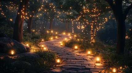 Enchanted Night Walk Through a Mystical Forest Illuminated by Glowing Lanterns and Sparkling String Lights Amidst a Serene Natural Landscape