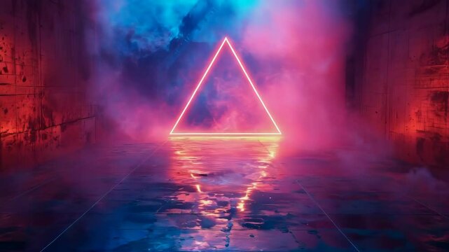 video of There is a central light element in the form of a triangle or pyramid with neon lighting, background