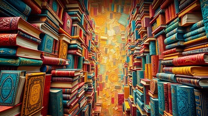 A vibrant 3D array of colorful books sprawls across the surface, stacked in varying heights and angles, showcasing