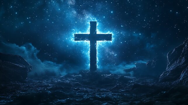 Christian cross blended with a vast night sky filled with stars, the cross silhouette outlined by bright constellations, deep indigo hues contrasting with the shimmering light,