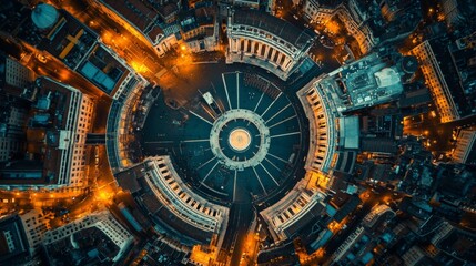 Obraz premium A stunning aerial view of a circular city layout captured at night. The streets radiate outwards like a beautiful flower. The lights illuminate the cityscape. Generative AI