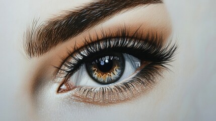 Obraz premium Close-Up View of a Beautiful Human Eye Revealing Intricate Details of the Iris, Eyelashes, and Skin Composition for Artistic and Cosmetic Applications