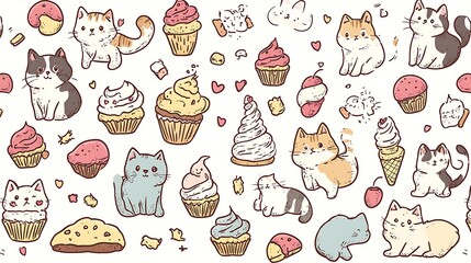 Whimsical Hand-Drawn Illustration of Adorable Cats and Sweet Treats AI Generated