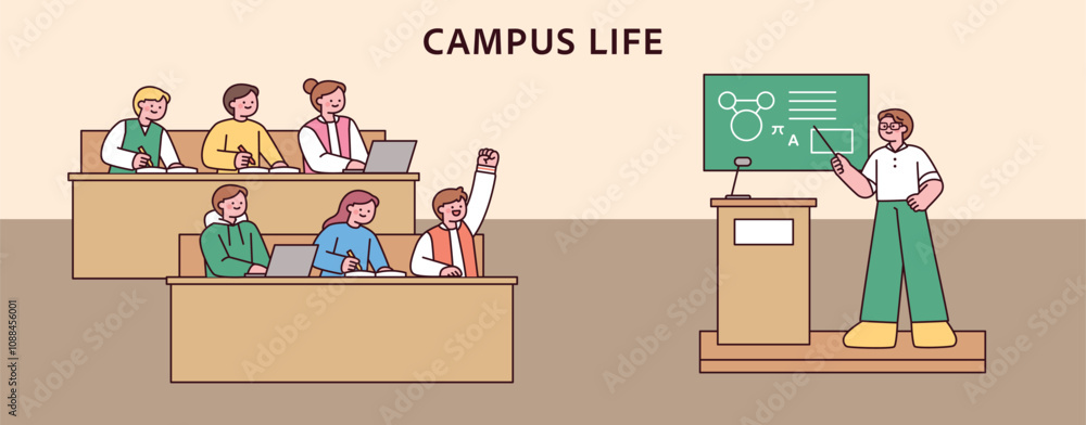 Poster college students are taking a class in a classroom. the professor is teaching the students. outline 