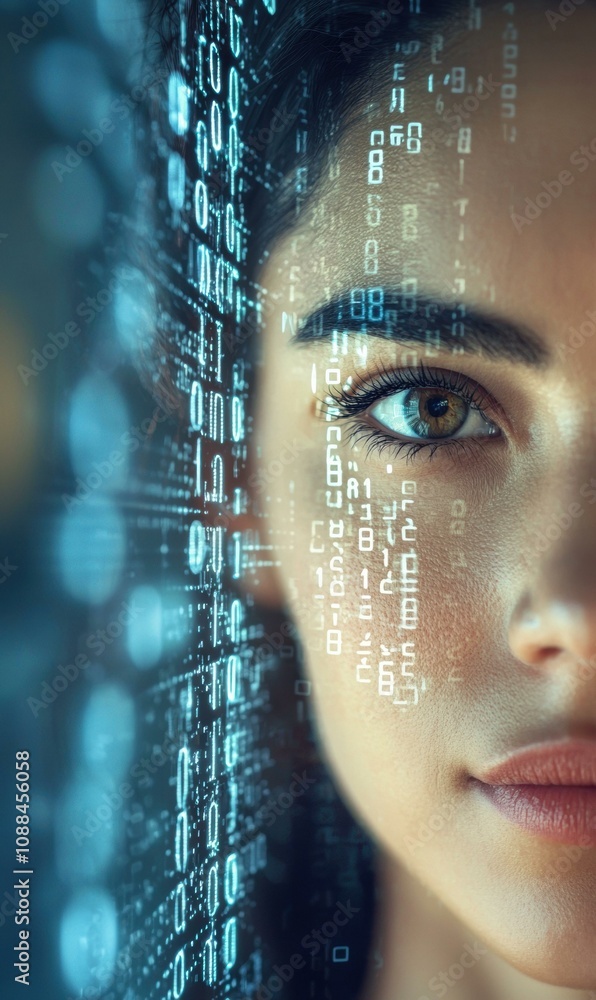 Poster a close-up of a person's eye with binary code overlayed. ai.