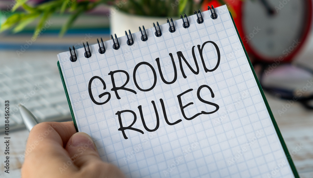 Poster ground rules text on notebook with chart on office background