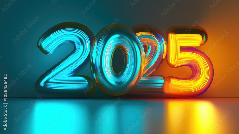 Poster colorful neon numbers 2025 displayed in a futuristic style with glowing effects on a smooth surface 