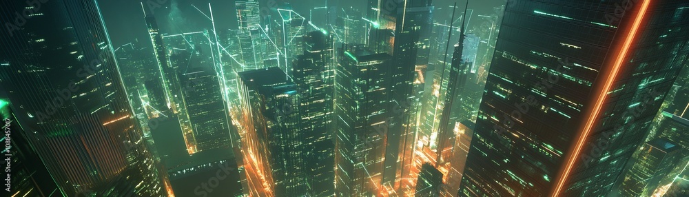 Poster urban iot grid visualization glowing network overlay in a futuristic cityscape aerial view technolog