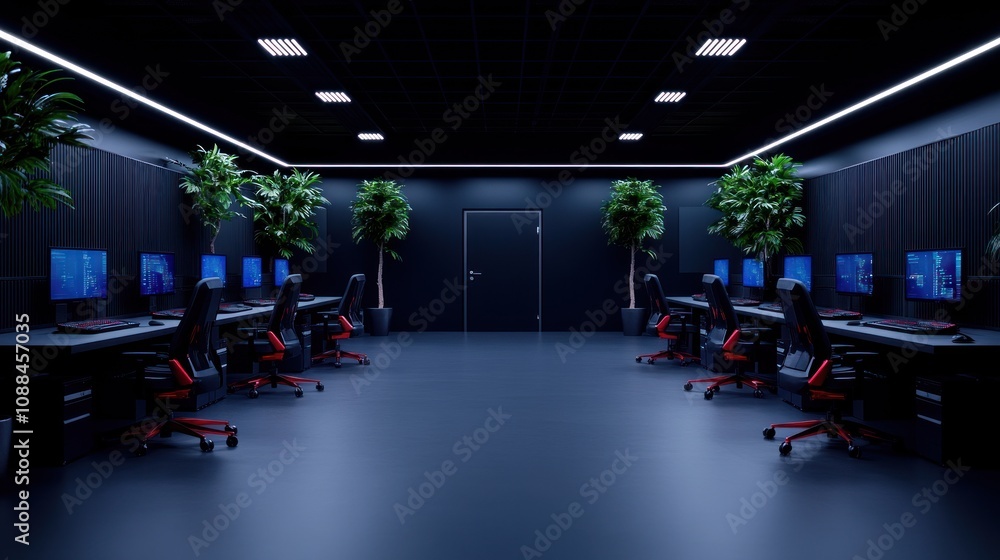Aufkleber modern workspace with computers and plants in a sleek design.