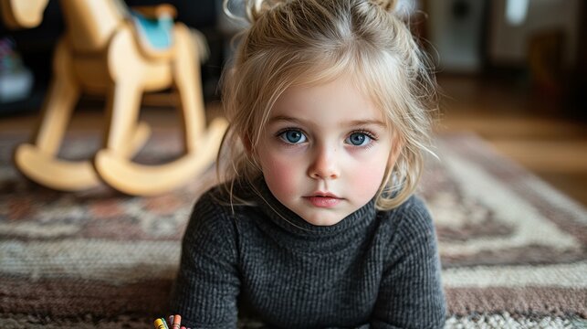 A little girl with big blue eyes looks at the camera. AI.