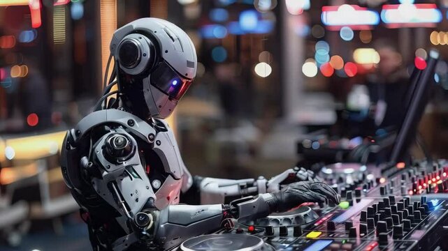 video of cyborg robot dj, music ai concept