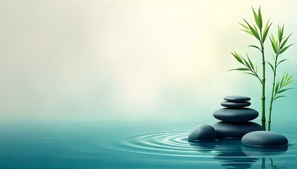 Obraz premium Zen, wallpaper, design, nature, flowing, water, patterns, stones, bamboo, leaves, gradients, textures, organic, calm, tranquil, peaceful, minimalist, harmony, soft, natural, connection, serene,