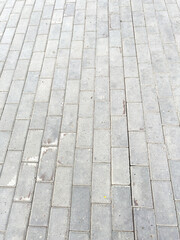 A gray brick sidewalk with a few cracks