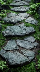 A stone pathway surrounded by lush greenery and moss.