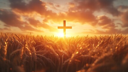 Christian cross intertwined with a sun-drenched wheat field at sunset, the cross outlined by the glowing wheat stalks, soft rays of light filtering through, serene and ethereal vibe,