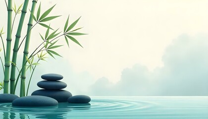 Obraz premium Zen, wallpaper, design, nature, flowing, water, patterns, stones, bamboo, leaves, gradients, textures, organic, calm, tranquil, peaceful, minimalist, harmony, soft, natural, connection, serene,